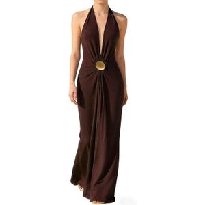 OYOANGLE Women's Deep V Neck Halter Maxi Dress Sexy Summer Backless Wedding Guest Vacation Beach Party Formal Dresses, Small