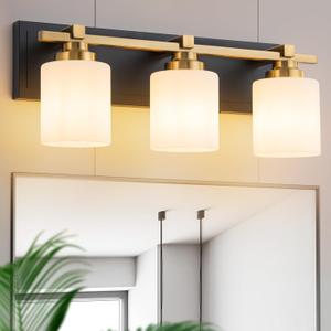 3 Light Modern Bathroom Light Fixtures Over Mirror, Black Gold Vanity Lights for Bathroom Wall Sconces with Milky White Glass Shades, E26 Socket (Bulbs Not Included)