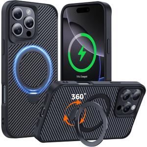 Designed for iPhone 16 Pro Case with 360° Magnetic Stand, Carbon Fiber Phone Case [Compatible with Magsafe] [15FT Military Protection] with Stand Ring 6.3'', Black