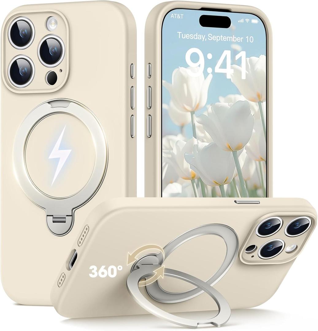 Case for iPhone 15 Pro Max, [360° Rotating Magnetic Ring Stand] with Strong Holder, Military-Grade Shockproof Silicone Phone Case, Full Protection Hands-Free Video Calls Car Mount, White
