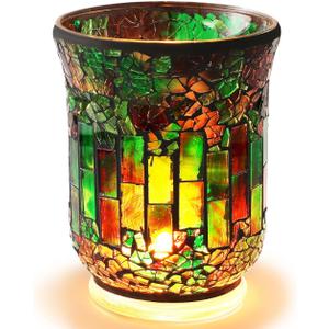 Healifty Green Mosaic Glass Candle Holder for Table Centerpiece, Vintage Stained Tealight Candlestick Lamp, Romantic Votive Home Farmhouse Decor