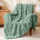 BEDELITE Faux Rabbit Fur Blanket, Luxurious 3D Striped Spring Blanket for Decor & Gift, Soft and Warm Plush Fluffy Faux Fur Throw Blanket All Seasons Suitable, (Sage Green, 50"x 60")