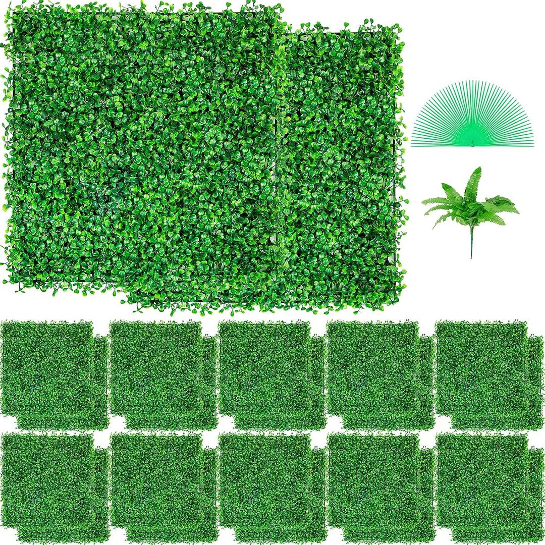 VEVOR Artificial Boxwood Panels 24pcs, 10 x 10 in Boxwood Hedge Wall Panel Artificial Grass Backdrop, 1.6 in Green Fake Grass Wall for Privacy Fence Decor Indoor Outdoor Garden Backyard