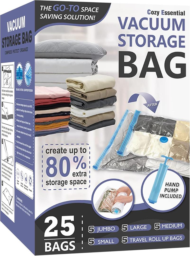 Cozy Essential Vacuum Storage Bags, 80% Compression Vacuum Seal Space Saver Plastic Packaging Bags for Clothes, Blankets, Pillow, Bedding, Comforters, Sealer Clothing Storage, 25 Combo