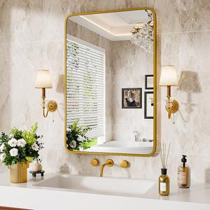 Bathroom Mirror 24" X 36" Wall Mount Dresser Metal Frame Rounded Rectangular Mirror Over Sink Vanity Can Be Hung Horizontally Or Vertically for Bedroom, Entryway, Living Room,Gold