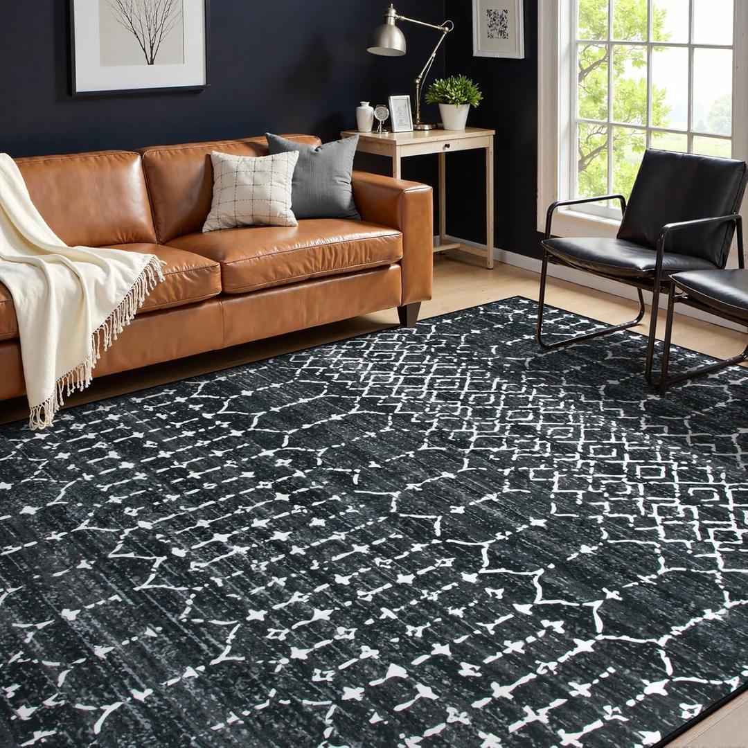 Lahome Moroccan Black Area Rugs 8x10 Living Room Non-Slip Backing Ultra-Thin Large Rug Throw Stain Resistant Dining Room Rugs for Under Table, Geometric Print Modren Soft Rug for Bedroom Office