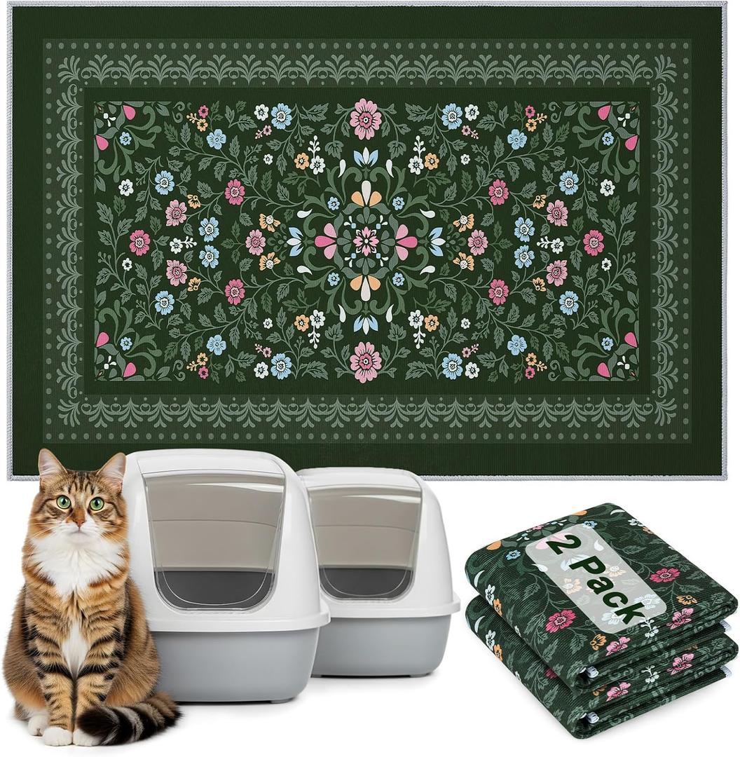 Bienbee Cat Litter Mat, 2PCS 33"x22" Machine Washable Litters Box Mats Non-Slip &Waterproof Cat Litters Trapping Mats Easy to Clean Mat for Litter Box Less Waste Protects Floors Dark Green L