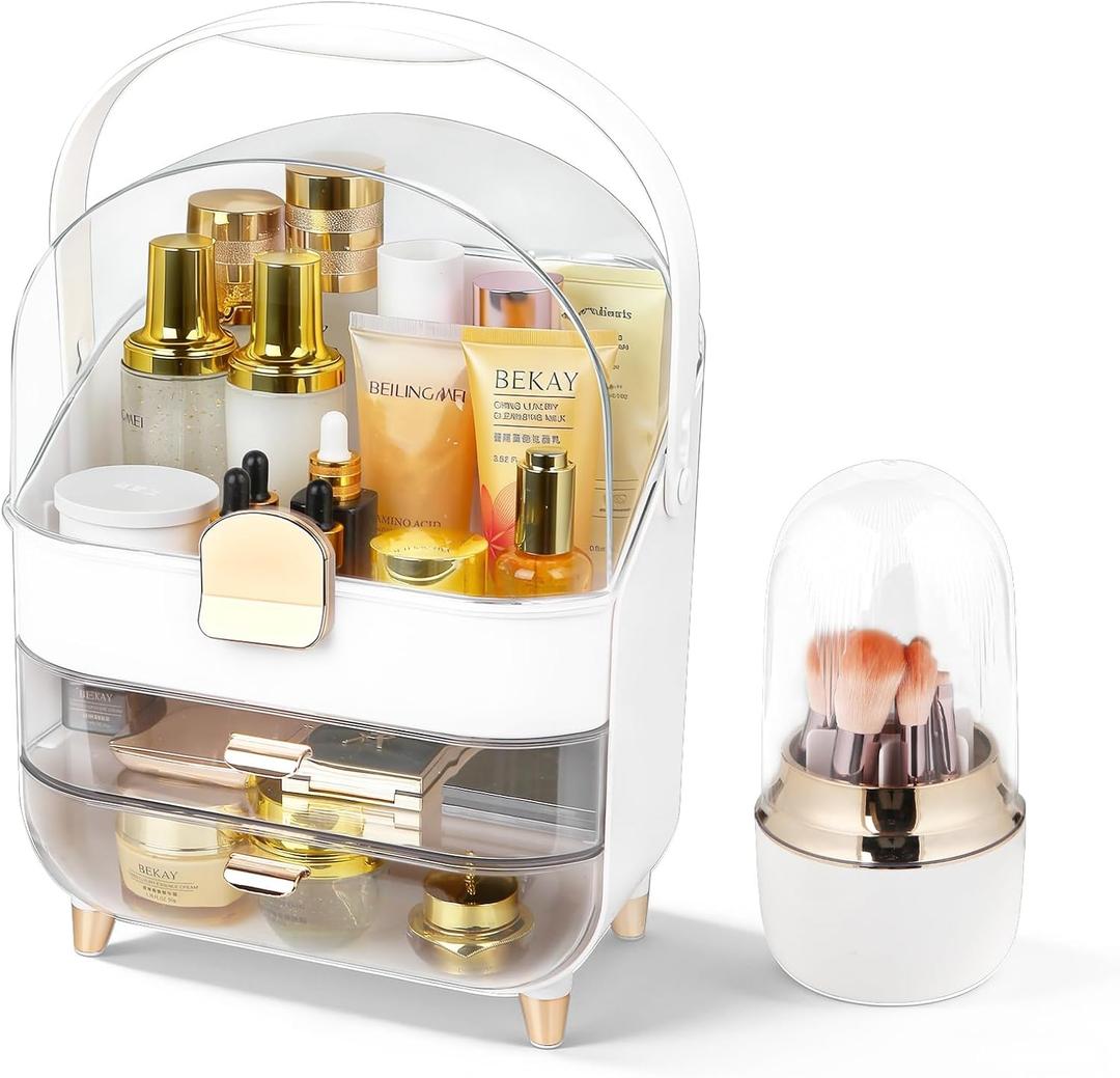 Makeup Organizer with 360 Rotating Brush Holder, Large Skincare Organizer for Vanity, Dustproof Cosmetic Display Case with 2 Drawers for Bathroom Countertop, 16" Tall Portable Beauty Storage,Gold