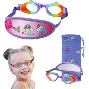 Kids Swim Goggles No Hair PullKids Goggles Fabric Strap, Swimming Goggles with Case for Children Boys Girls (1pk Fish Bungee - Purple Mermaid)