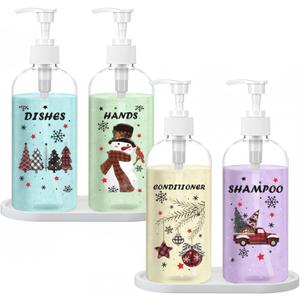 Roowest 4 Pcs Christmas Soap Dispenser 16.9 oz Christmas Kitchen Bathroom Decoration Clear Xmas Tree Snowman Snowflake Buffalo Plaid Shampoo Container Bottles with Pump and White Tray for Winter Gift