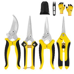 5 pack Garden Pruning Shears Stainless Steel Blades, Handheld Scissors Set with Gardening Gloves, Heavy Duty Garden Bypass Pruning Shears, Tree Trimmers Secateurs, Hand Pruner (Yellow and Black)