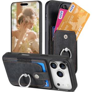 for Apple iPhone 17 Pro Max Wallet Case with Card Slots & 360 Ring Kickstand, Magnetic Closure Slim PU Leather Shockproof Protective Cover for iPhone 17 Pro Max SJZ Black