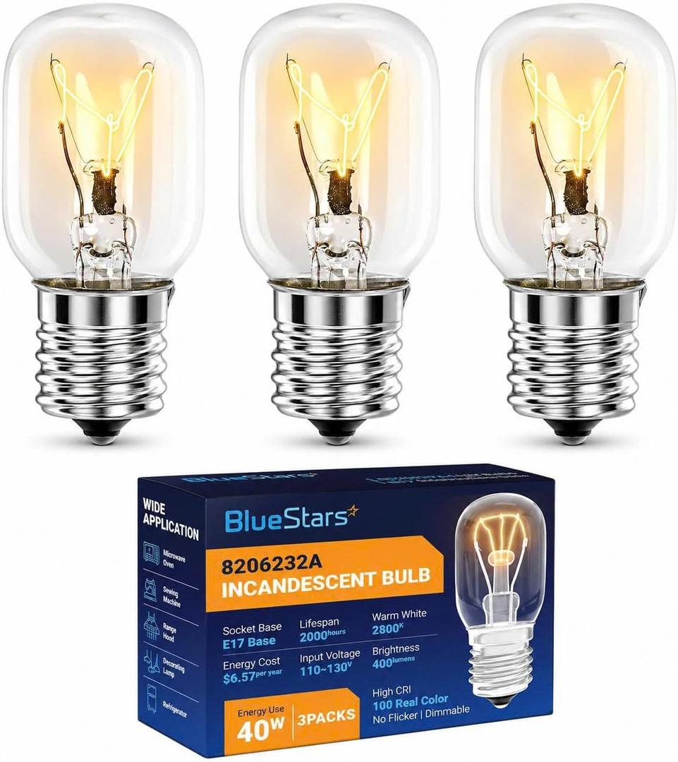 BlueStars 8206232A KEI 125V 40W Microwave Bulb E17 Base, Compatible with Whirlpool Microwave Light Bulb Under Hood, Lava Lamp, Salt Lamp Bulbs, Replaces 1890433 8206232 AP4512653, 3 Packs