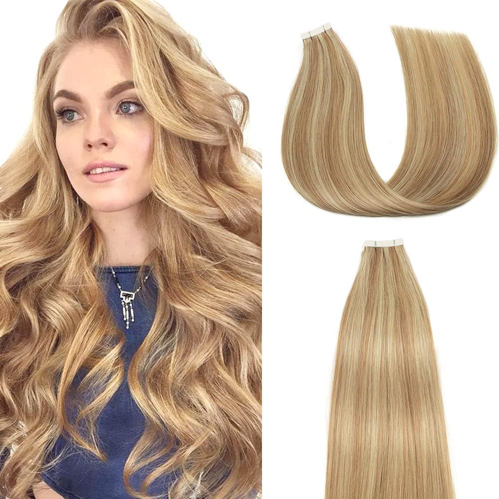 P27/613 Highlight Blonde Tape in Extensions Human Hair 22 Inch Blonde Straight Tape in Seamless Extensions Real Human Hair Skin Weft Seamless Invisible Unprocessed Virgin Remy Hair 45g 10 Pcs