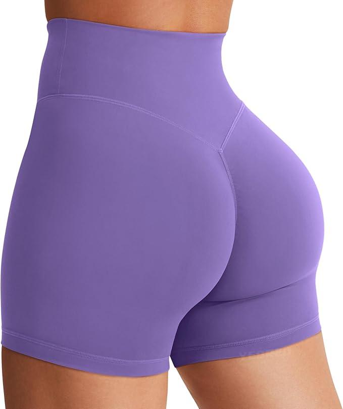 YEOREO Women's Biker Shorts 6" Workout Gym Shorts Craze High Waist Tummy Control Hidden Scrunch Running Yoga (Medium, Dahlia Purple)