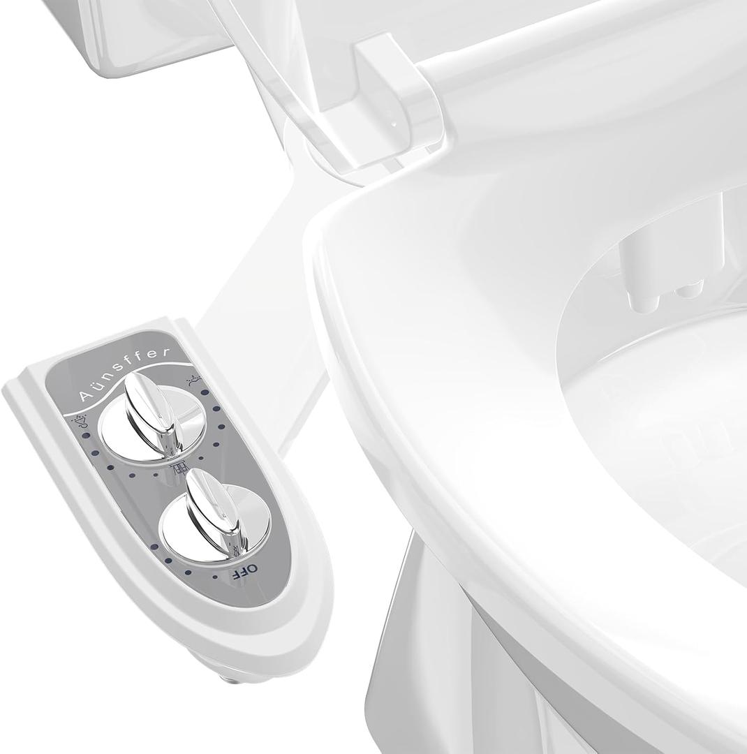 Ansffer Bidet Attchment for Toilet Grey, Cold Water No-Electric, 3 Wash Modes [Frontal Wash + Rear Wash + Self-Cleaning]Dual Nozzles Water Pressure Adjustable, Grey