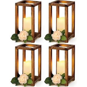 Huquary 8 Pcs Wooden Wedding Lantern Centerpiece for Table Decoration Includes 4 Farmhouse Candle Holder and 4 Flameless Decorative LED Candles for Rustic Home Wedding Decor(Dark Brown)
