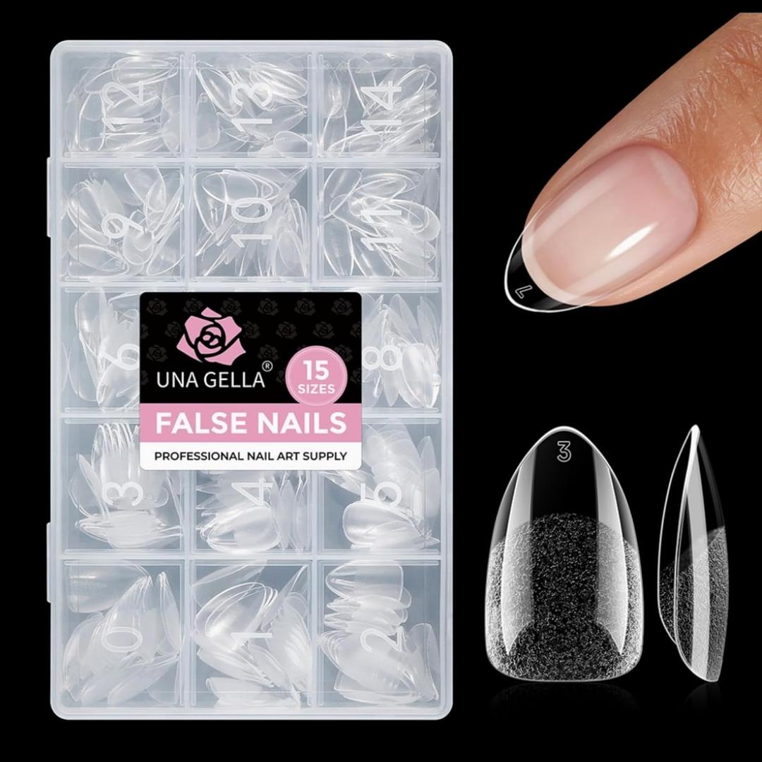 UNA GELLA Short Almond Nail Tips 15 Sizes 300PCS Pre-Etched Soft Gel Clear Nail Tips Easy DIY Salon Short Almond Press On Nails Snug Fit Acrylic Fake Tips Extensions Long-Lasting Hold