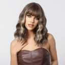 testar Brown Bob Wigs With Bangs Short Wavy Brown Wigs With Blonde Highlights Natural Brown Blonde Wig For White Women Synthetic Wigs For Girl Daily Use 14IN
