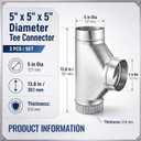 Shimeyao 2 Pieces Furnace Pipe Entire Flow Tee 5" x 5" x 5" Dia. Galvanized 90 Deg Joint for HVAC Branch Connection Kitchen Exhaust Outdoor Drainage DIY Installers