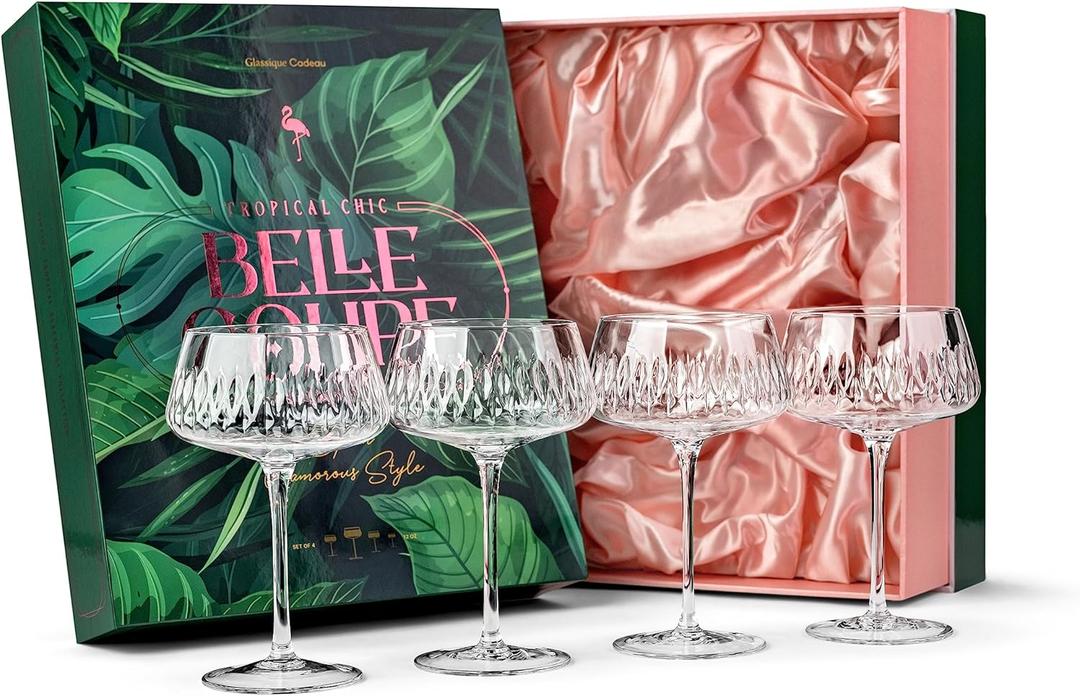 Vintage Flamingo Belle Coupe Glasses for Cocktails and Champagne | Set of 4 | 12 oz Crystal Retro Style Stemmed Saucers for Elegant Bar Drinks | Tropical Glassware Collection