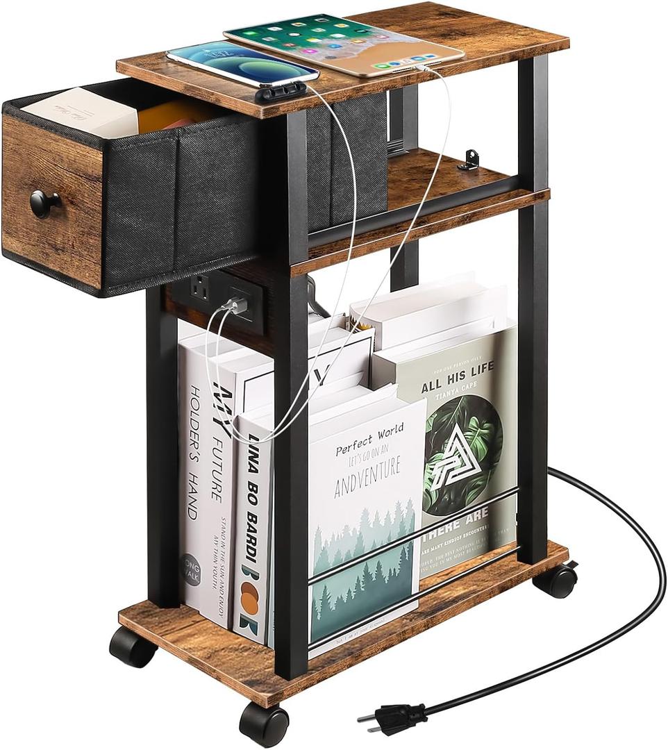 DGSANDGO Sofa Side Table Narrow End Table (1PC) - Rustic Brown & Black Two-Tone, Side Table with Charging Station (1 AC + 2 USB) & Storage Drawer, 4 Wheels Mobile Nightstand for Bedroom Living Room