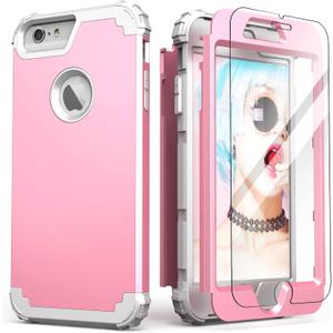 IDweel for iPhone 6S Plus Case with Screen Protector, for iPhone 6 Plus Case, 3 in 1 Shockproof Slim Hybrid Heavy Duty Hard PC Cover Soft Silicone Bumper Full Body Cover,Pink/Light Grey