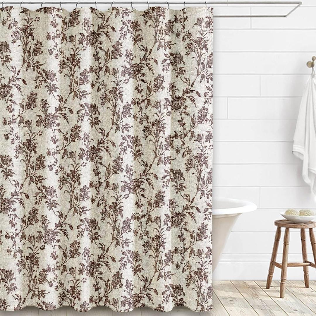 WOUVMA Extra Long Brown Shower Curtain Floral Cotton Linen Cottagecore Shower Curtain for Bathroom 84" L x 72" W
