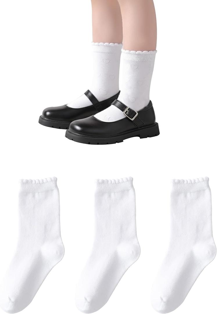 Marchare Girls Ruffle Socks White Dressy Socks School Uniform Sock Heart Bow Design For Girl (White)