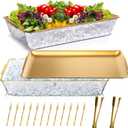 Baderke 2 Set 16 x 9.45 Chilled Serving Tray for Parties with Compartments Ice Chilled Party Platter Charcuterie Serving Board with Forks Tongs for Fruit Seafood Vegetable Appetizer (Gold)