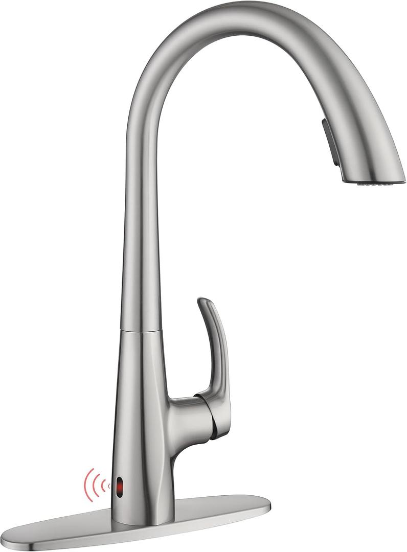 Touchless Pull Down Kitchen Sink Faucet, Brushed Nickel Activated Smart Motion Sensor Kitchen Faucet Single Handle, Stainless Steel Hands Free Faucet with Sprayer for Kitchen Sink