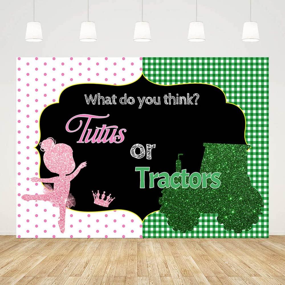 7x5ft Tutus or Tractors Gender Reveal Backdrop Pink and Green Photography Background Boy or Girl Gender Reveal Decorations Baby Gender Reveal Banner Photo Shoot Props