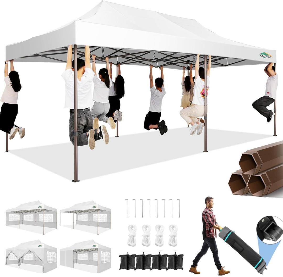 COBIZI 10x20 Pop Up Canopy Heavy Duty with 6 Removable Sidewalls, Commercial Heavy Duty Pop Up Tent for Parties All Weather Waterproof and UV 50+ Wedding Tent with Roller Bag(Legs Upgraded) (White)