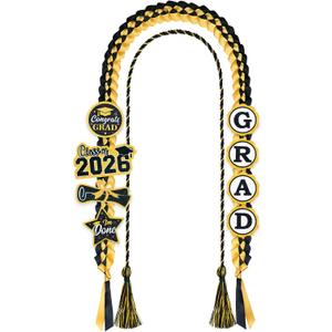 Graduation Leis 2026 and Cords, Grad Money Leis with 8 Grad Glitter Patches for Graduation Party Decorations (Black & Gold)