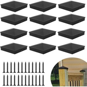 Aussio (12-Pack, Black) I.D. 4x4 Inch Aluminum Fence Post Cap with Screws Wooden Fence Post Cover Deck Post Cap - Durable Alloy Water-Proof UV-Proof - Protect Wooden Fence Poles from Cracking Rotting