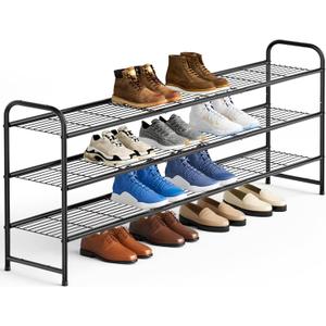 KEETDY 3-Tier Long Shoe Rack for Closet Metal Shoe Organizer for Entryway, Wide Stackable Shoe Storage Shelf with Sturdy Wire Grid for Closet Floor, Bedroom, Black (11.4x43x24.4)