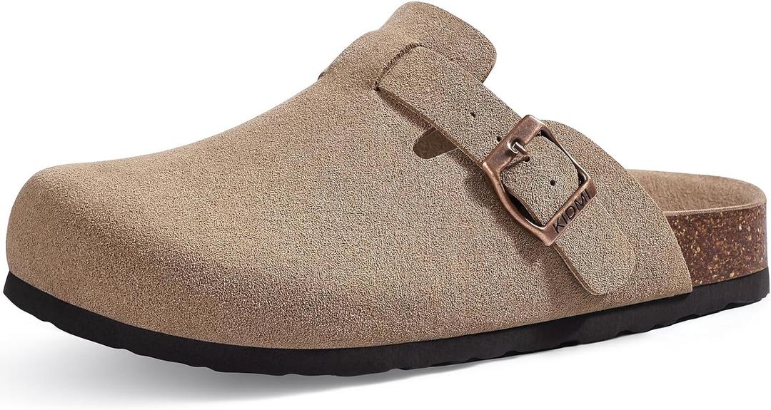 KIDMI Unisex Vegan Suede Clogs Leather Mules Womens Mens Cork Footbed Potato Shoes with Arch Support, Vegan Suede Taupe, Size 37