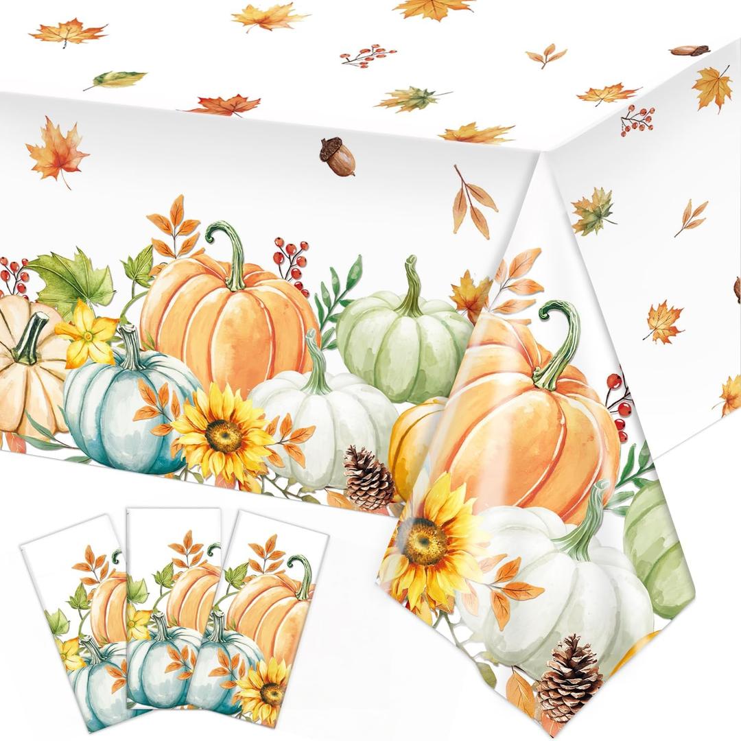3 Pieces Fall Pumpkin Tablecloth Thanksgiving Tablecloth Autumn Harvest Maple Leaf Table Cover for Fall Thanksgiving Party Supplies, 54 x 108 Inch