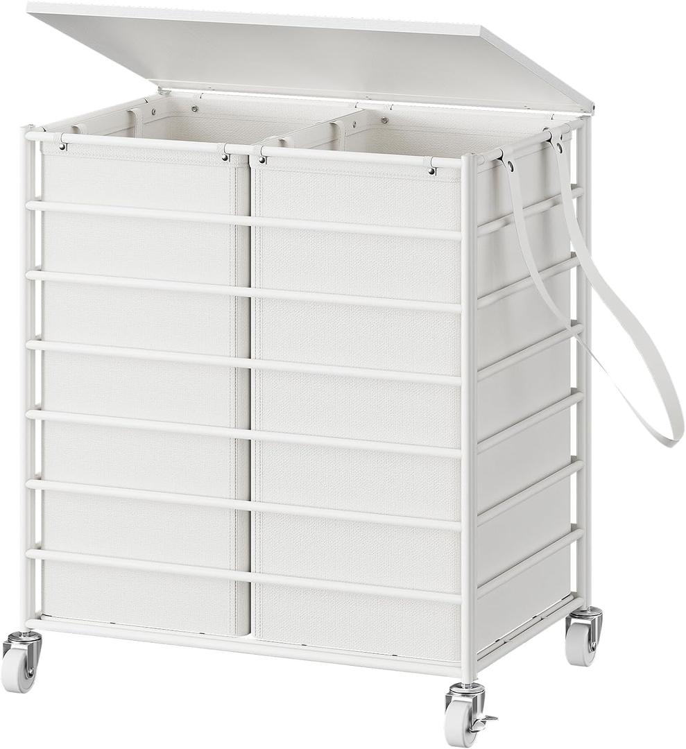 Double Laundry Hamper with Wheels and Lid, 115L Rolling Laundry Basket