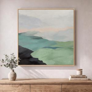 Large Framed Modern Neutral Green Abstract Landscape Wall Art, 30x30 In