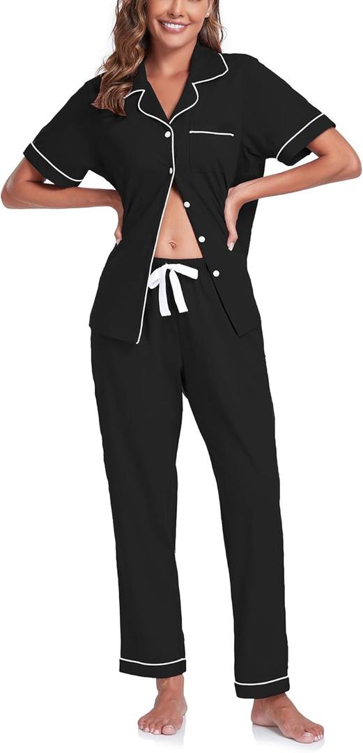COLORFULLEAF Women's 100% Cotton Pajamas Set Button Down Sleepwear Short Sleeve Shirt and Long Pants Soft Ladies Lounge Sets (Black, M)
