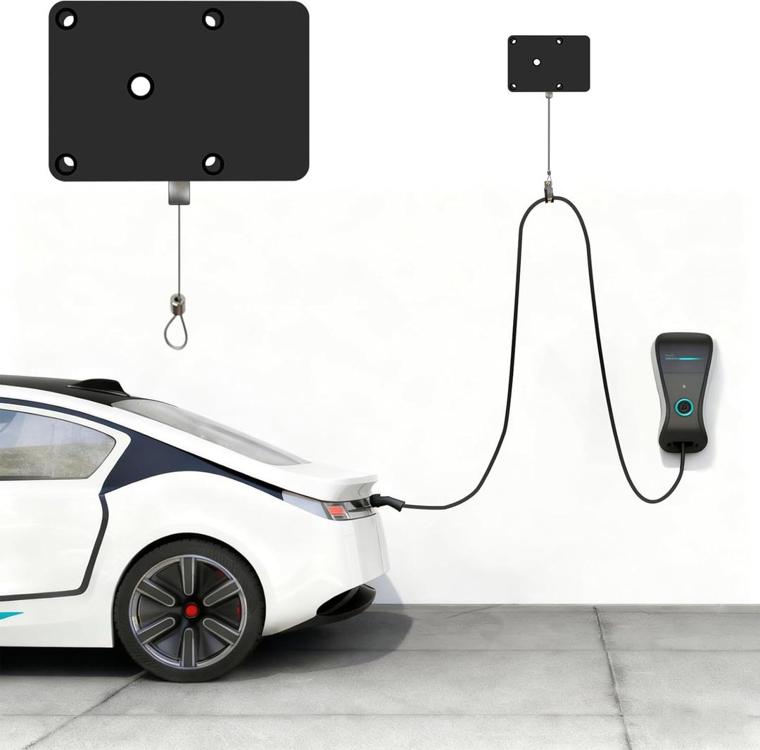 EV Charger Cable Retractor, Automatic Retractable Cable Management System for Tesla & All EVs, Overhead Garage Ceiling Mount Organizer with One-Hand Operation & Length Lock