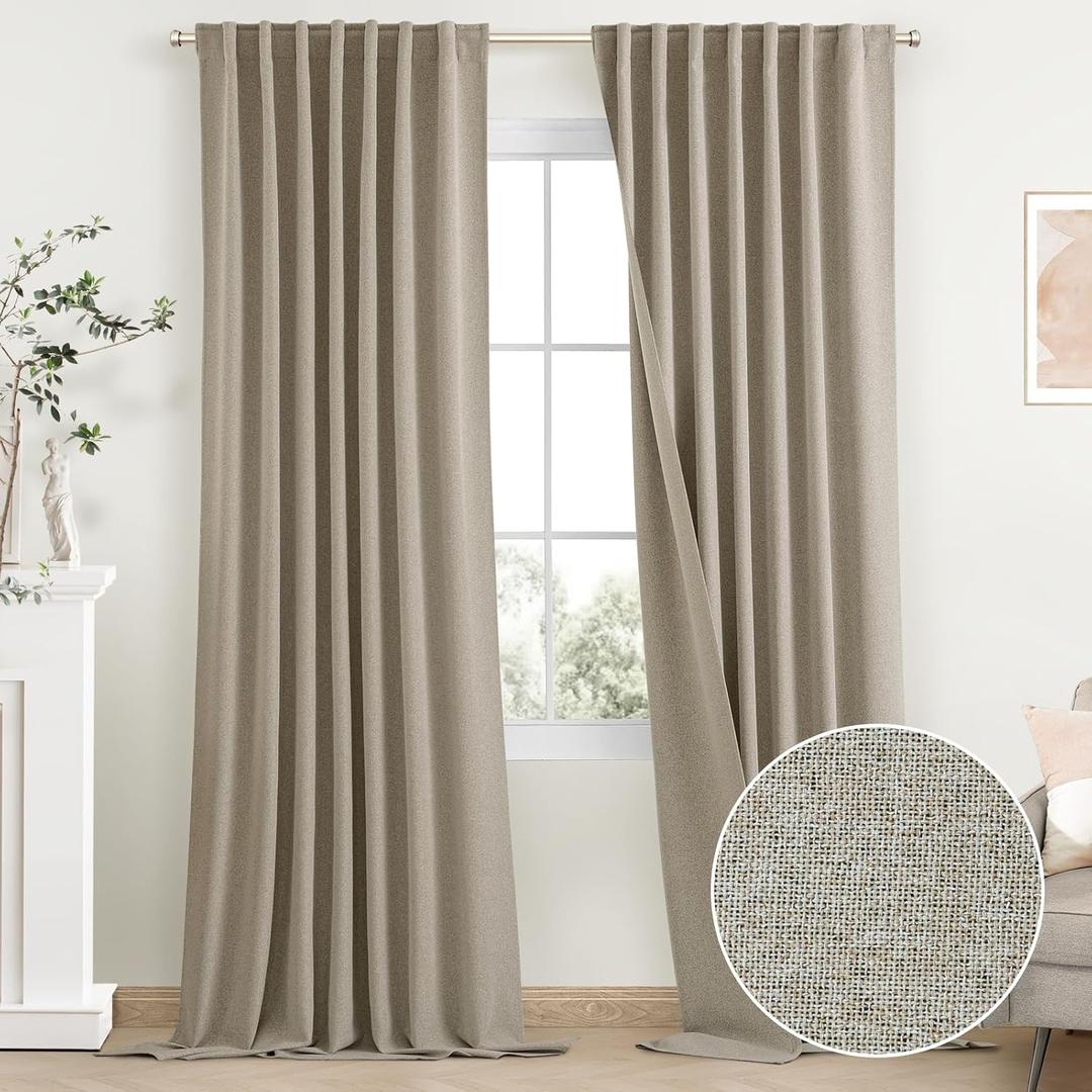 SimpleHome Natural Linen 100% Blackout Curtains for Living Room,96 Inch Length Farmhouse Back Tab Textured Curtains for Bedroom,2 Panels,52" W x 96" L