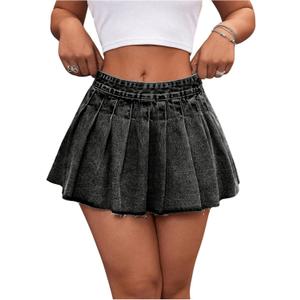 MakeMeChic Women's Pleated Denim Skirt Low Waist Raw Hem A Line Zipper Mini Jean Skirt