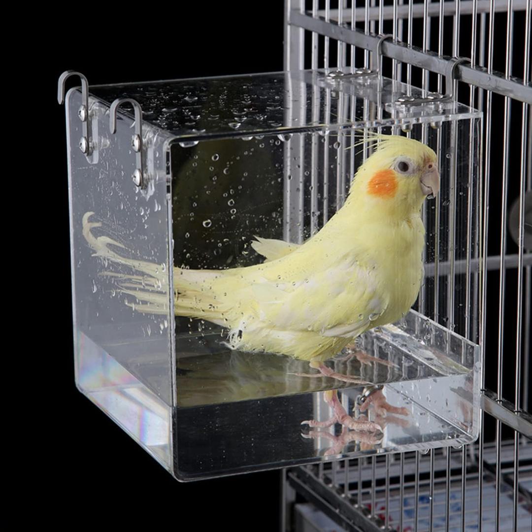 GURECOD Hanging Bird Bath Cube Bird Bathtub Bath Shower Box Bowl Cage Accessory for Little Bird Canary Budgerigar Parrots Crested Myna Cockatiel Lovebird Parakeet Bath (Small) (5.1 x 5.1 x 4.3 inch)