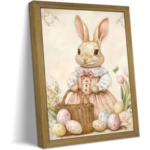 Framed Easter Bunny Wall Art, Vintage Holiday Decor Oil Painting, Rustic Farmhouse Spring Animal Wall Decor, Cute Rabbit Easter Eggs Canvas Print Paintings for Living Room Bedroom Nursery 16x24 Inch