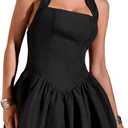SOLY HUX Women's Mini Dress Halter Sleeveless Backless A Line Ruffle Hem Summer Dresses, Small