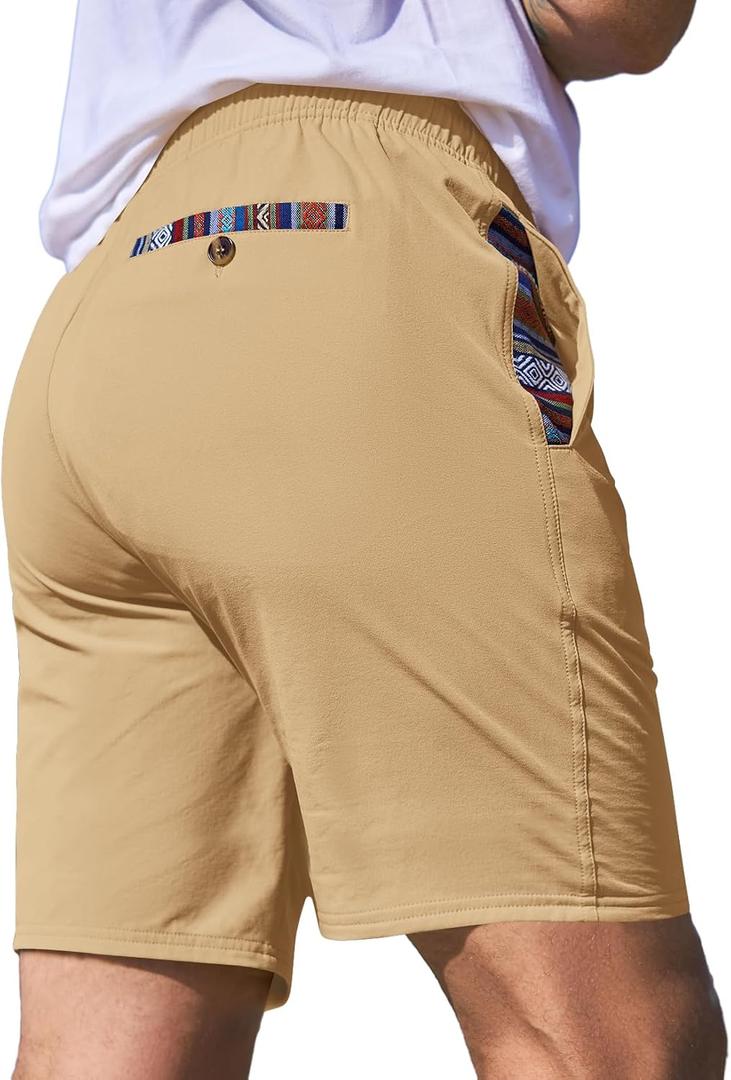 JMIERR Men's Casual Shorts 5"/ 7" Drawstring Summer Quick Dry Beach Stretch Waist Athletic Gym Short (Beige, S)