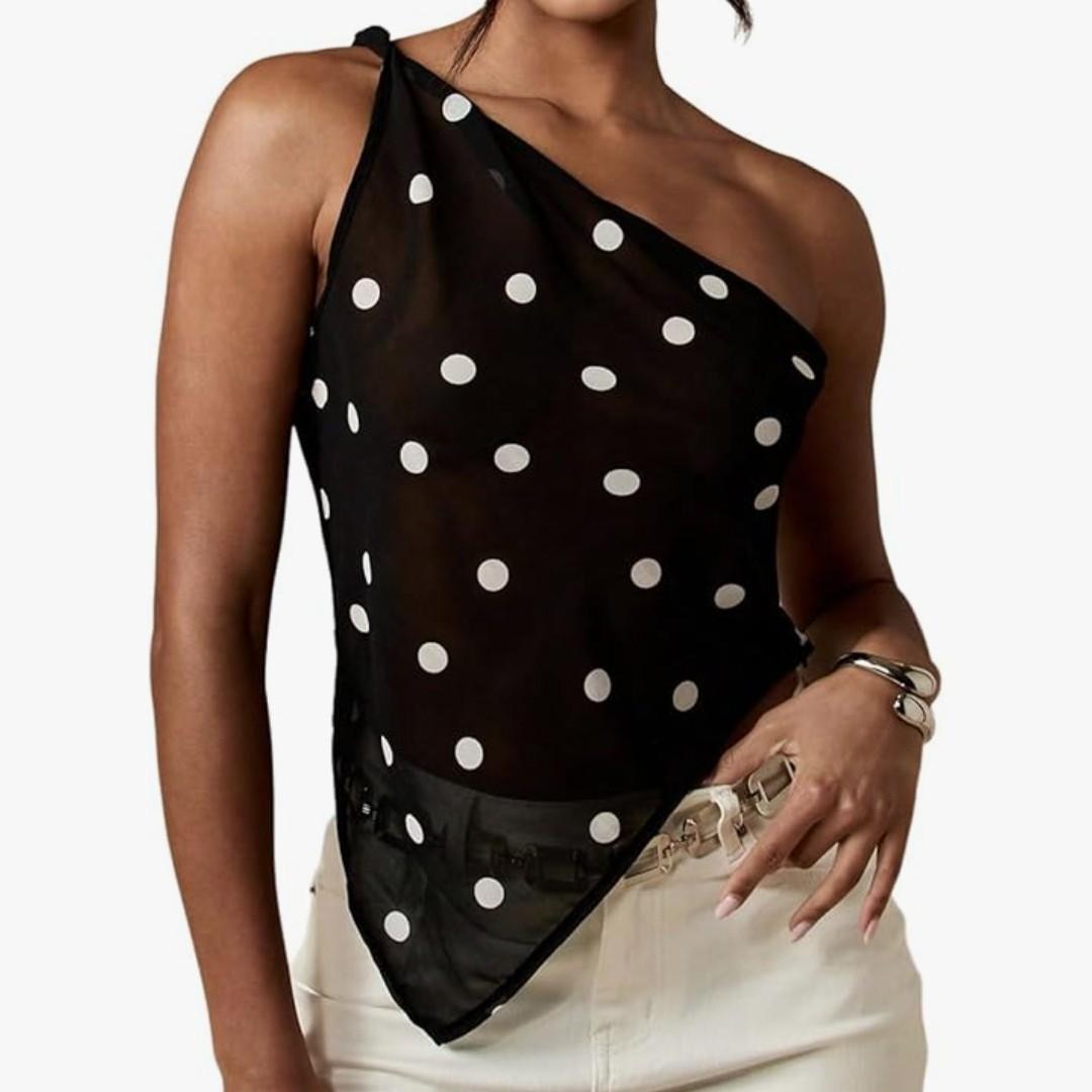 RoseSeek Women's Polka Dots One Shoulder Tops Sheer Sleeveless Asymmetrical Hem Tank Top S