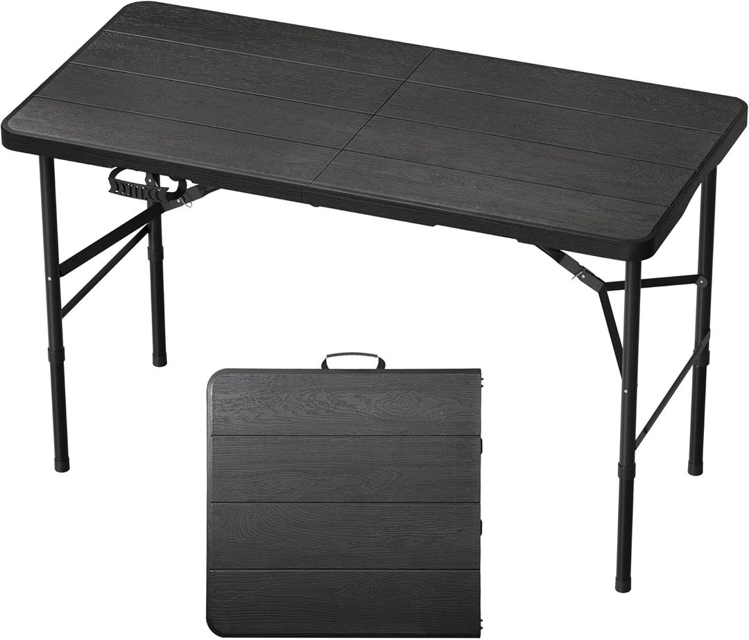4Ft Folding Table Portable Folding Tables Heavy Duty 400 lbs Capacity, Wood Grain Tabletop for Working Meeting Parties, Picnic, Camping, Weddings, Garden Dining-Black (4FT)